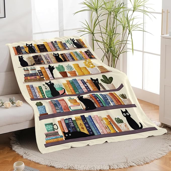 Black Cat Throw Blanket Book Cat Bookshelf Stuff Gifts for Kids Girls Boys Adults Women Men Soft Cozy Warm Plush Fluffy Fuzzy Fleece Blanket Decor 60''X80''