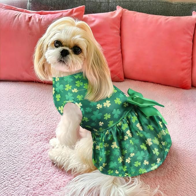 Idepet St. Patrick's Day Dog Dress with Bow Dog Tulle Skirt for Small Dog Girls Green Puppy Dress Cat Apparel Pet Holiday Outfits (Green, X-Large)