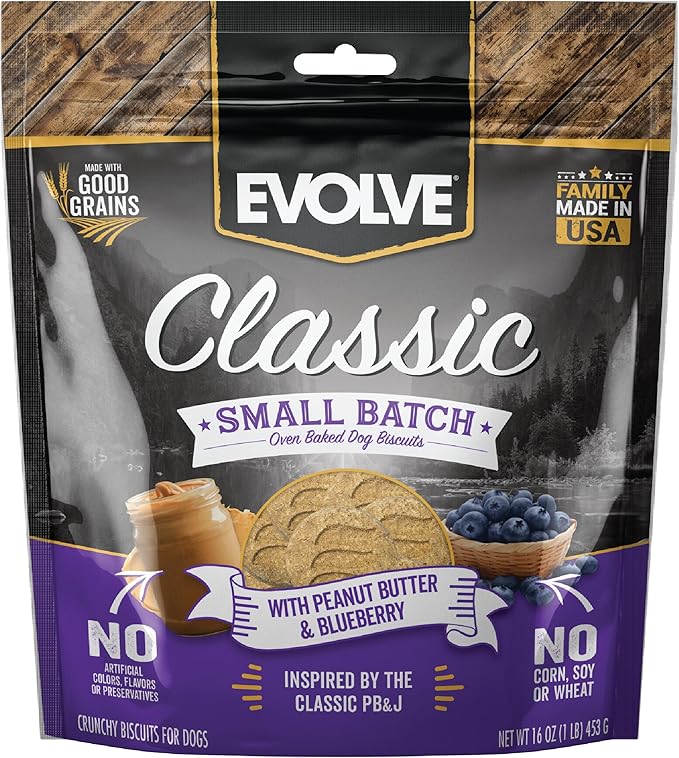 Evolve Classic Small Batch Oven Baked with Peanut Butter and Blueberry Biscuits Dog Treats, 16oz