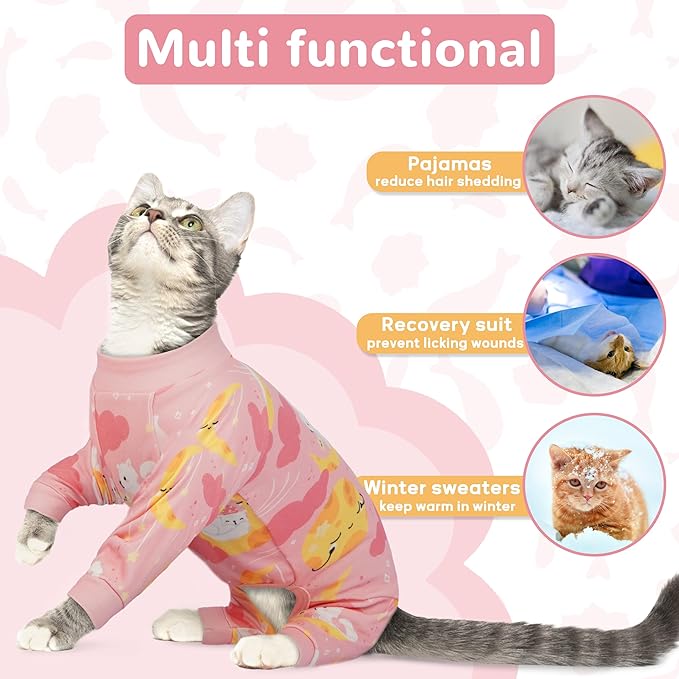 PUMYPOREITY Cat Recovery Suit, Stops Wound Licking After Surgery, Sticky Hair Shirt with Sticky Fabric, Cat Pajamas Prevents Over-Grooming, Kitten Onesie - Soft & Machine Washable, Pink, XS