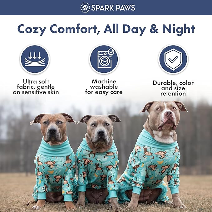 Spark Paws Dog Pajama, Dog Recovery Suit Male, Onesie, Ultra-Soft and 4-Way Stretch, for Small Medium and Large Breeds - Monkey Business - 4XL
