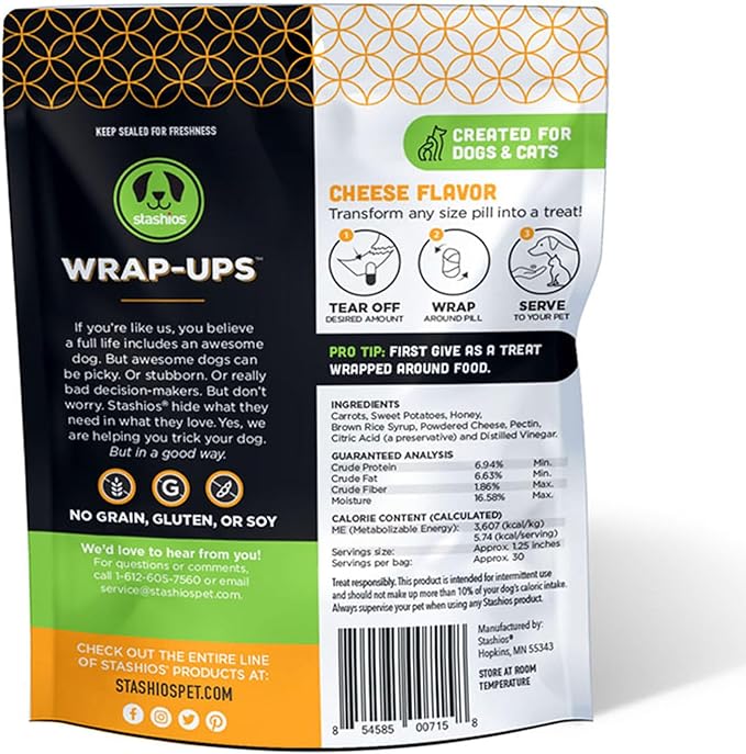 Stashios: Wrap-Ups: Pill Wrapper - Cheese - 30 Servings Bag, Dogs & Cats, Pet Treat Hides Any Size Pills, All Natural Limited Ingredients, USA Made (Pack of 2)