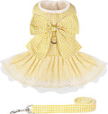 Dog Dress Plaid with Bowknot Cute Dress for Small Dog Cat Puppy Outfits with Harness Leash（ Yellow，X-Small ）