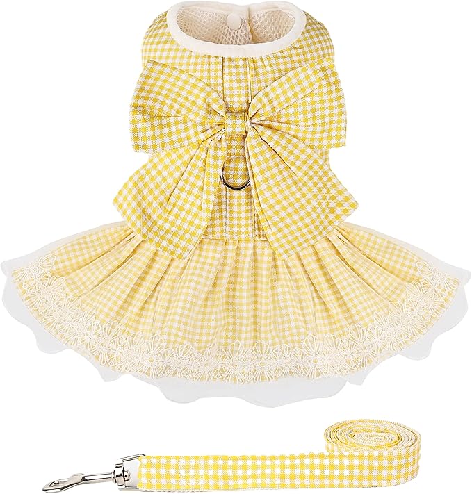 Dog Dress Plaid with Bowknot Cute Dress for Small Dog Cat Puppy Outfits with Harness Leash（ Yellow，X-Small ）