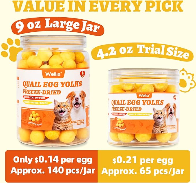 Wellix Freeze-Dried Treats for Dogs and Cats - High-Protein Quail Egg Yolk Freeze Dried Cat Treats for Skin&Coat Health - Delicious Training Snacks for Pets 9oz