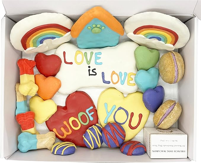 Bonne et Filou Dog Treats Gift Box Pride Themed Human Grade Gourmet 22 Luxury Treats with Dog Macarons, Truffles & Bone Cookies Healthy Snacksfor Small to Large Breeds (22 Count)