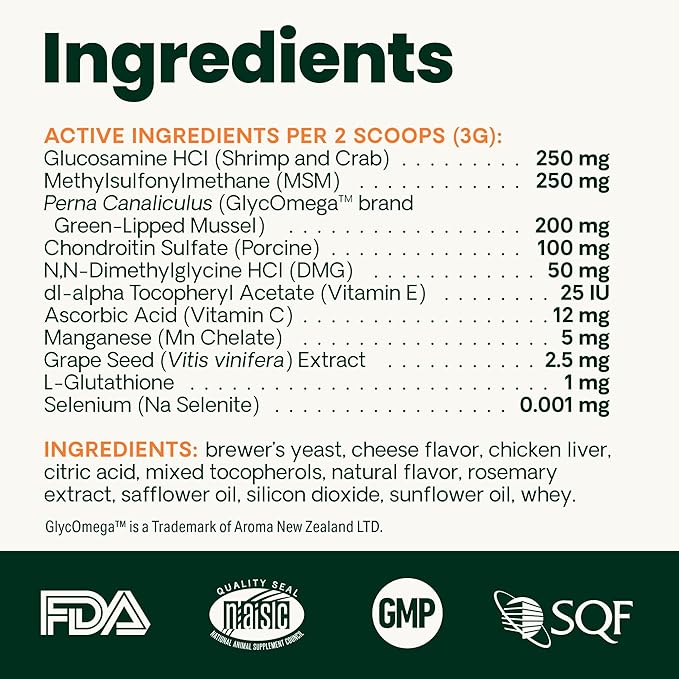 VetriScience Ultimate Strength Healthy Hip & Joint Powder, GlycoFlex Glucosamine, Chondroitin and Green Lipped Mussels Joint Supplement for Cats, Cheese & Chicken, 60 Scoops