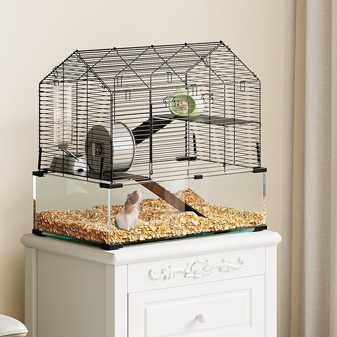 3-Tier Large Hamster Cage, 360° View Metal Guinea Pig Cage with Deep Glass Base, Platforms, Ramps, Running Wheel, Water Bottle, Tool-Free Snap-on Assembly, Rat Cage for Syrian Dwarf Hamster Gerbil