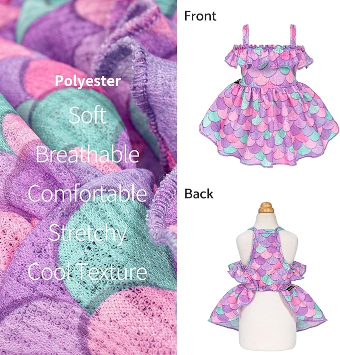 Fitwarm Dreamy Mermaid Ruffle Dog Dress, Lightweight Summer Clothes for Small Dogs Girl, Hawaiian Pet Outfit, Purple, Blue, Pink, XS