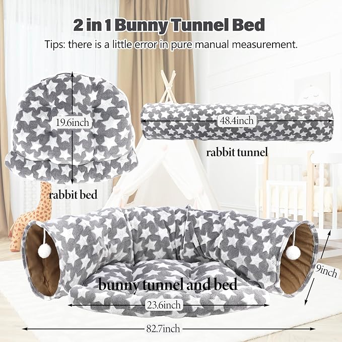BWOGUE Bunny Tunnel Bed, 2-in-1 Collapsible Tunnel Tubes Toys with Removable Mat Hideout for Cats Kittens Rabbits Guinea Pigs Kitty (Greystar)