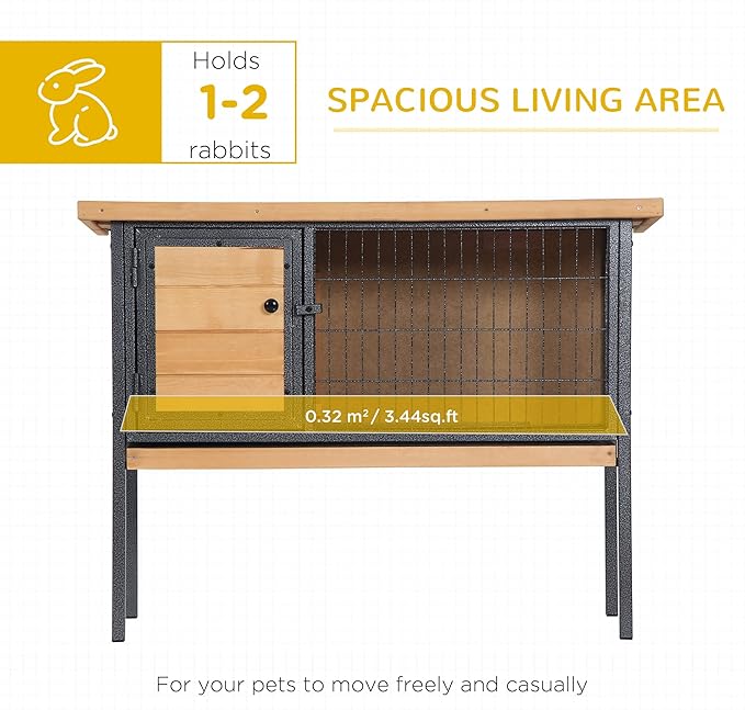 PawHut Rabbit Hutch Elevated Bunny Cage Small Animal Habitat with Metal Frame, No Leak Tray, Metal Wire Pan, Openable Water-Resistant Asphalt Roof for Rabbits, Chickens, Ducks, Indoor/Outdoor Natural