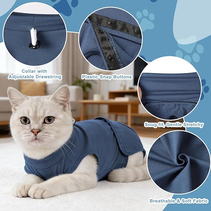 Gyuzh Cat Surgery Recovery Suit for Male Cats - Breathable & Comfortable Cone Alternative. Easy-Pull Recovery Suit with Adjustable Neck & Snap Closure for Neutering, Anti-Licking Wound Care Blue S