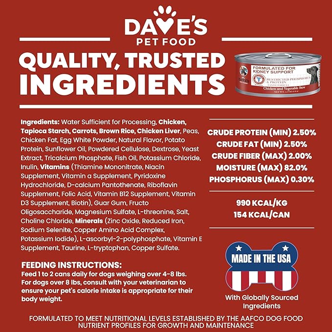 Dave's Pet Food Kidney Support for Dogs (Chicken & Vegetable Stew) - Low Phosphorus & Low Protein Wet Canned Dog Food for Renal Health - No Prescription Needed - 5.5 oz (Case of 12)