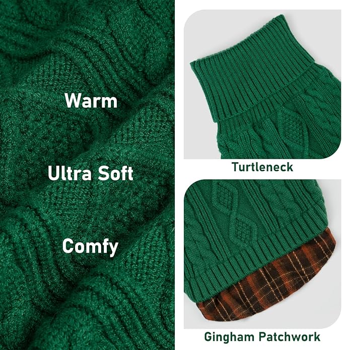 KYEESE Dog Sweater Soft Pullover Dog Sweaters for Small Dogs Male Stretchy Knitwear Cat Clothes Warm Turtleneck Small Dogs Sweater with Gingham Patchwork Thick Pet Coat for Fall Winter Cold Weather