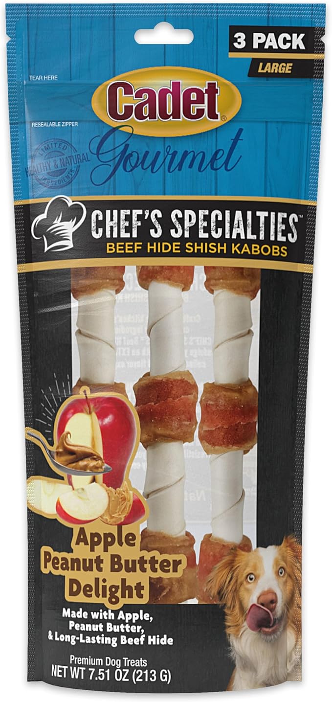 Cadet Chef's Specialties Natural Rawhide Shish Kabob Chew Sticks, Apple Peanut Butter Flavor, Healthy Dog Treats for Large Breeds, 3 Count