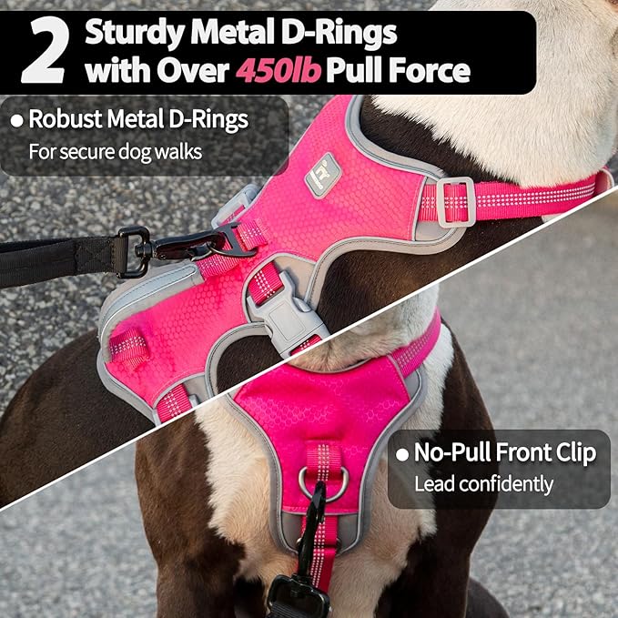 Huntboo Escape Proof Dog Harness, Escape Artist Harness, Reflective Harness with Padded Handle, Breathable, Durable, Adjustable Vest for Medium Dogs Walking, Training, and Running Gear（Rose red, S
