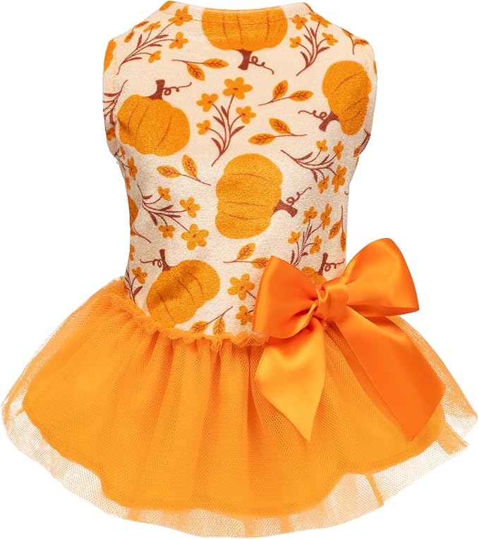Fitwarm Pumpkin Flower Dog Dress, Thanksgiving Outfit for Small Dogs Girl, Fall Pet Outfit, Beige, Orange, Medium