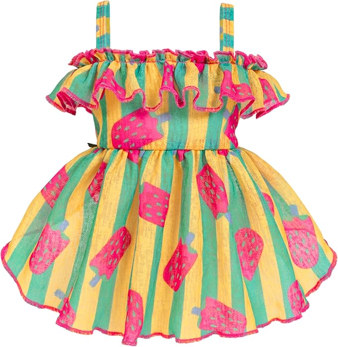 Fitwarm Strawberry Ice Pop Dog Dress, Striped Summer Dog Clothes for Small Dogs Girl, Pet Outfit, Green, Yellow, Light Pink, Large