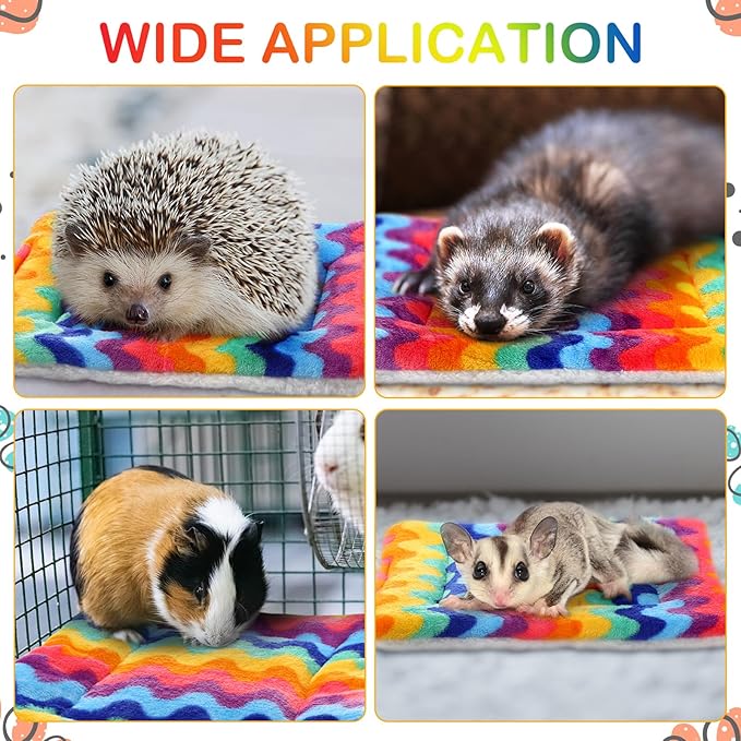 Haull 4 Pcs Waterproof Guinea Pig Bedding Guinea Pig Bed Plush Cage Liners Soft Rabbit Dog Crate Pad Cat Mat Reversible Cozy Animal Pee Pad Hamster Bunny Mat Accessory(Rainbow,13 x 10 Inch)