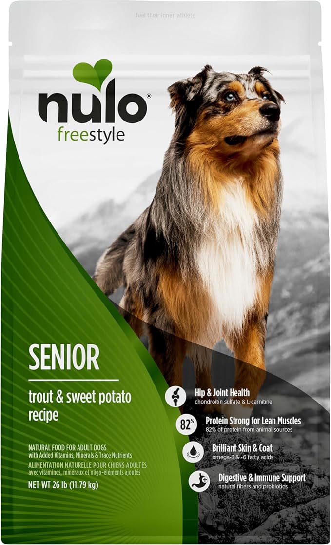 Nulo FreeStyle Senior Dry Dog Food - Trout & Sweet Potato, High Protein Grain Free Dog Food, Kibble with Probiotics, Glucosamine, Chondroitin, Hip and Joint Support, Small, Medium, Large Breeds, 26lb