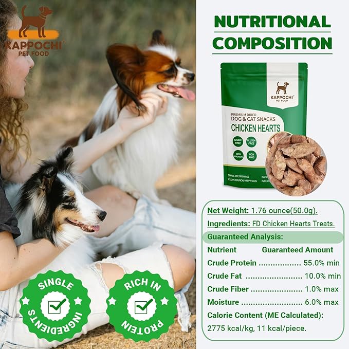 Freeze-Dried Chicken Hearts Dog Treats, 1.76oz(50.0g), 100% Single Ingredient, High Protein Training Treats, Natural & Raw, No Additives, Grain Free, Gluten Free