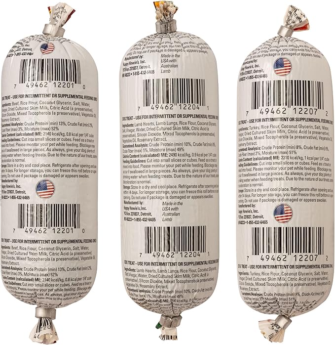 Happy Howie's Soft Meat Roll Treat - Soft Dog Food Rolls, Natural Ingredients, for All Dogs, Made in USA - Beef, Lamb, Turkey, 7 Oz (Pack of 3)