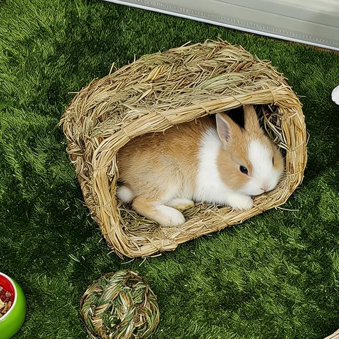 Hamiledyi Bunny Grass House Guinea Pig Grass Bed Hand-Woven Hay Hut Natural Seagrass Balls for Dwarf Rabbit Guinea Pig Chinchilla Ferret Hedgehog