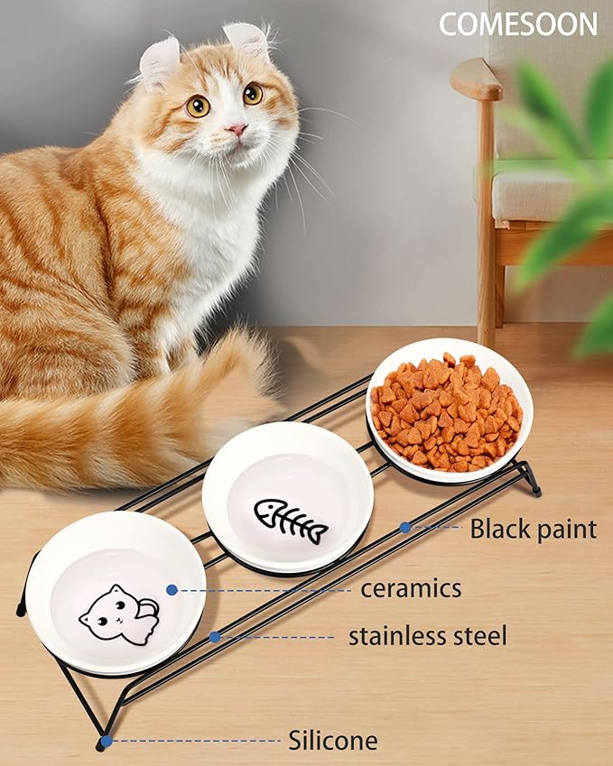 Anti-Vomiting Raised Cat Bowls - 3 × 13 oz Ceramic Food & Water Bowls with Non-Slip Stainless Steel Stand, Dishwasher Safe for Indoor Cats & Puppy