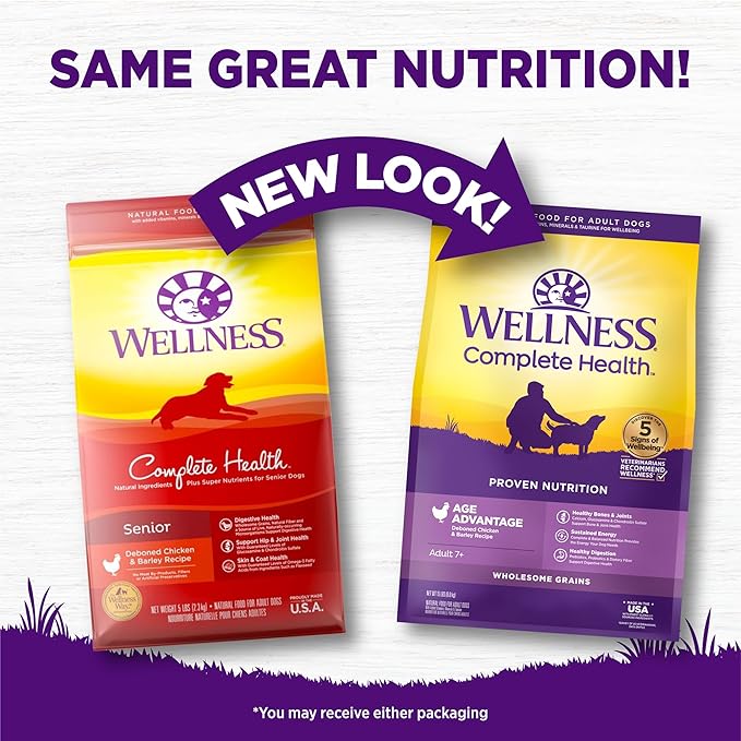 Wellness Complete Health Senior Dry Dog Food, Wholesome Grains, Natural, Age Advantage Chicken & Barley Recipe, (15-Pound Bag)