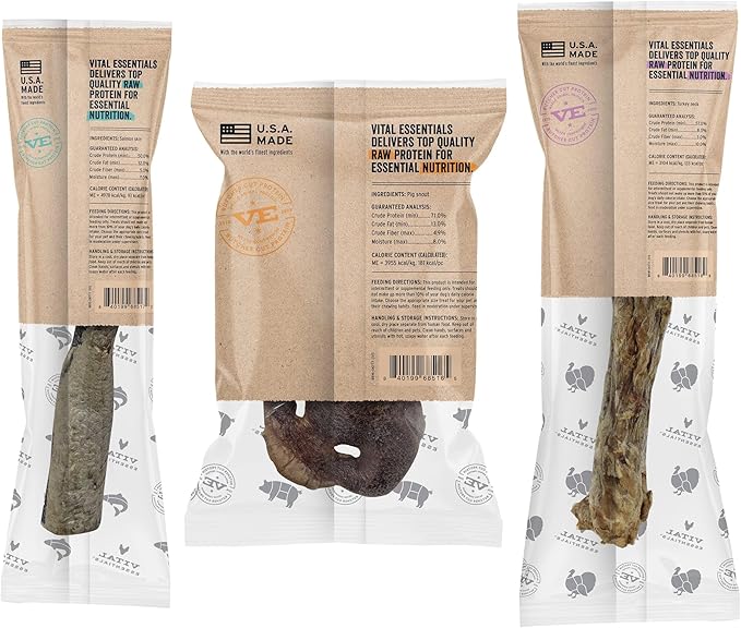 Vital Essentials Freeze-Dried Raw Bar Bundle | Pig Snout, Salmon Skin, Turkey Neck | Single Ingredient Dog Treats & Natural Chews | Made in USA | 3 Pack