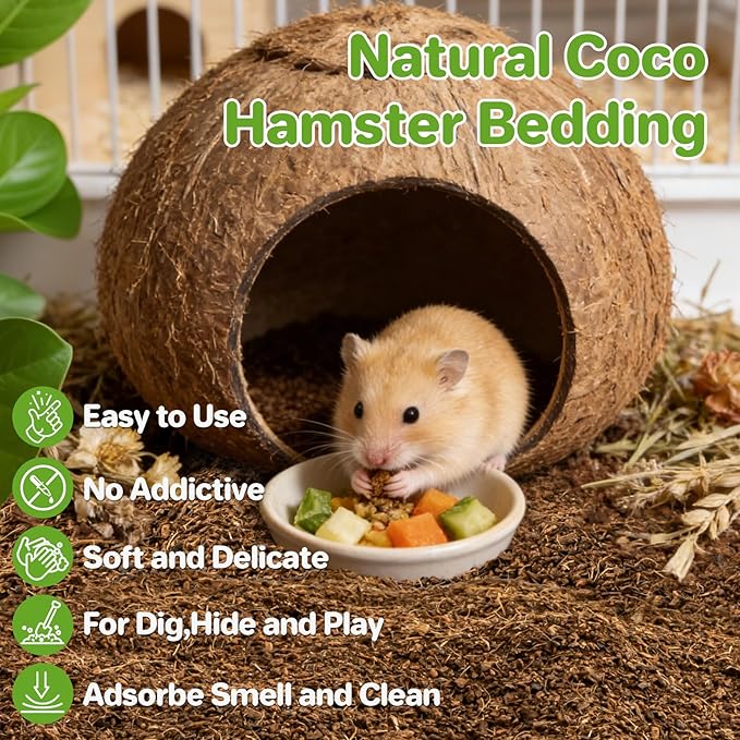 Sukh Natural Coconut Husk Bedding for Hamsters - Organic Coco Coir Substrate, Odor Control & Burrowing Friendly Small Pet Litter for Syrian Dwarf Hamsters, Gerbils, Degus