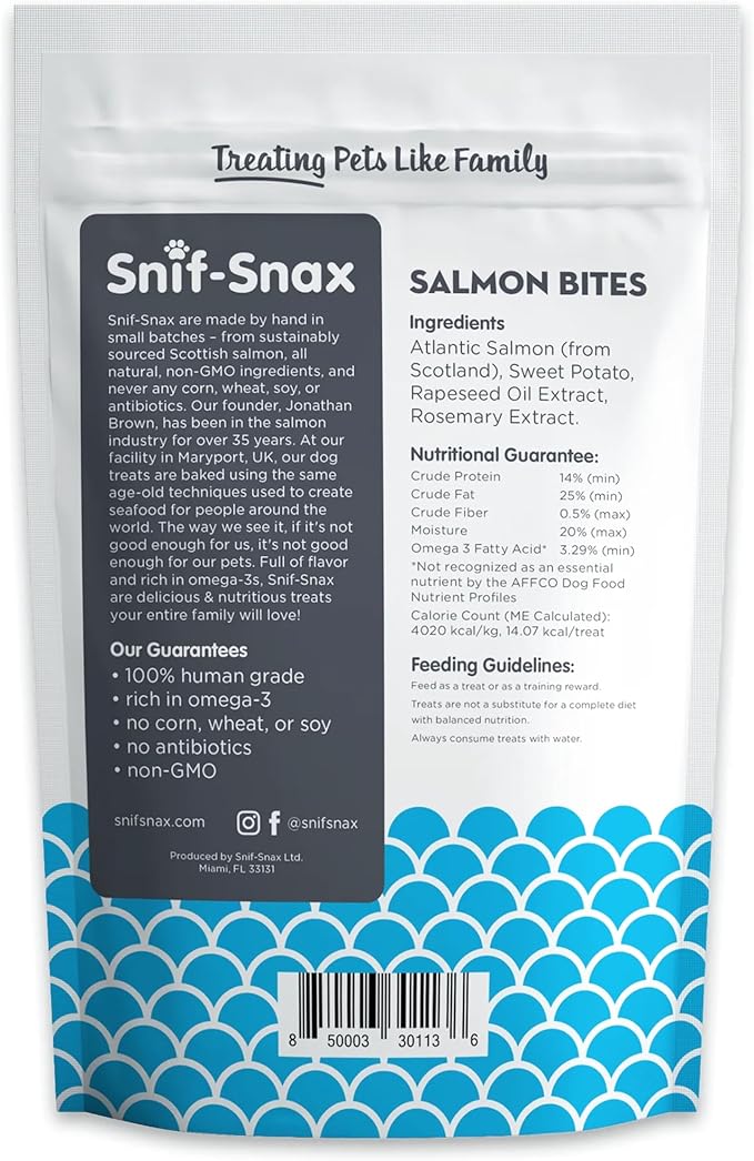Snif-Snax Salmon Bites Dog Treats 3 Pack, All Natural Human-Grade Training Treats for Dogs, Healthy Grain-Free Puppy & Adult Rewards, Protein Rich Soft Salmon Snacks