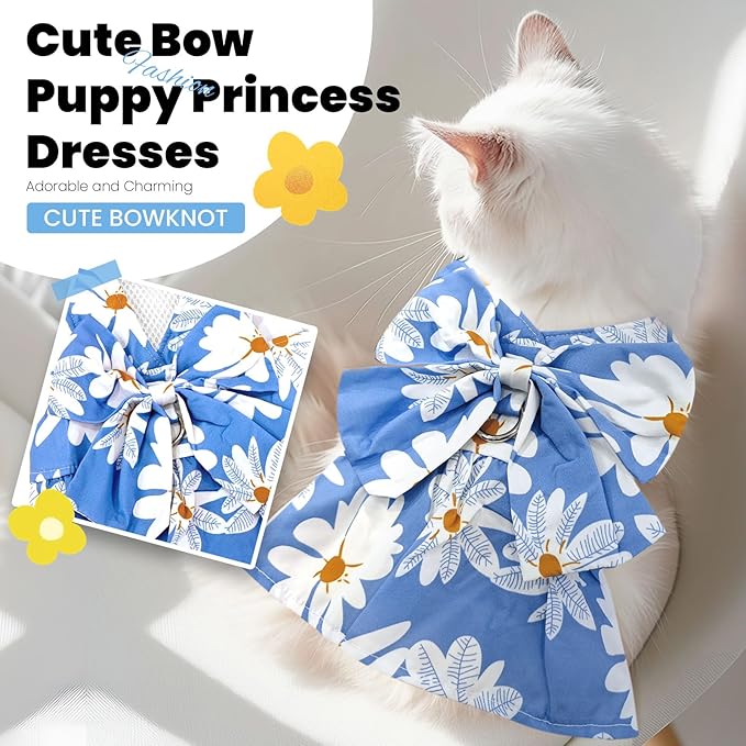 ABRRLO Cute Dog Dress Small Dog Clothes For Girls Female Puppy Outfits Blue Daisy Pet Summer Clothes Bowknot Doggy Cat Princess Dress Harness Set for Holiday Birthday Party Costume Clothing (Blue,XXL)