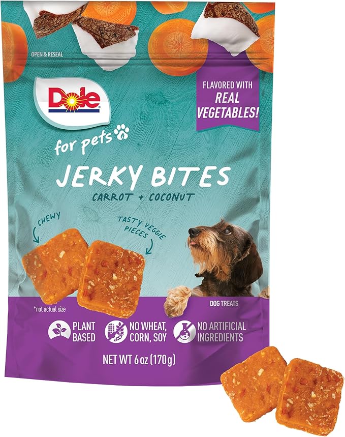 Dole for Pets Fruit Jerky Bites Dog Treats, Carrot and Coconut Flavor, Chewy Treats Flavored with Real Fruit and Vegetables, No Wheat, Corn, Soy, Artificial Flavors, Colors, or Preservatives, 6 Oz