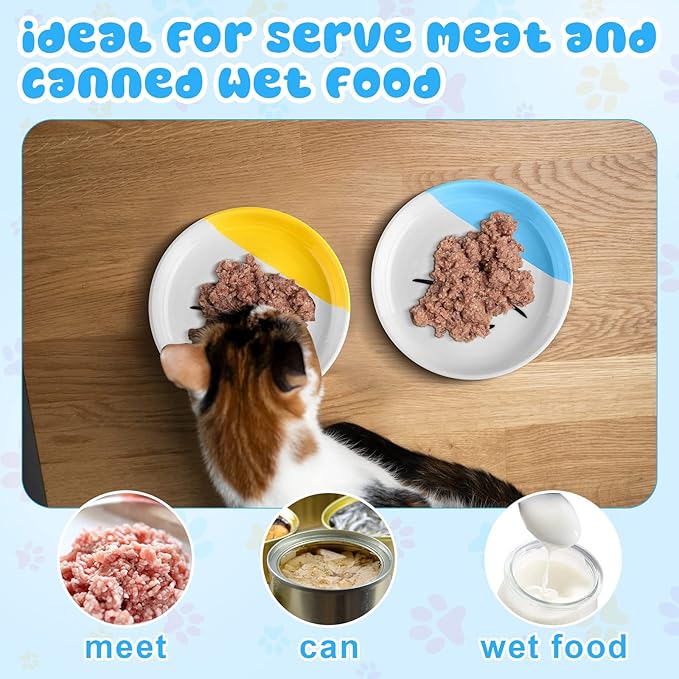 Hillban 5 Pcs Ceramic Cat Food Plate Set, 6'' Shallow Cat Food Dish Cute Nonslip Flat Wide Bowl Colorful Small Feeding Bowls for Indoor Puppy, Dishwasher Safe