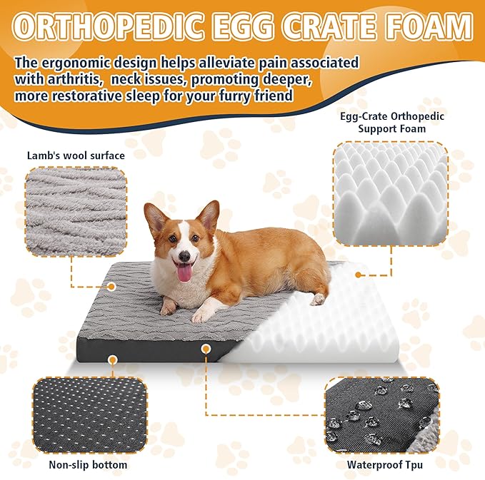 XL Orthopedic Dog Bed - Waterproof Plush Pet Mattress with Removable Washable Cover and Non-Slip Bottom, Memory Foam Dog Bed for Crate, 41"x27" Grey