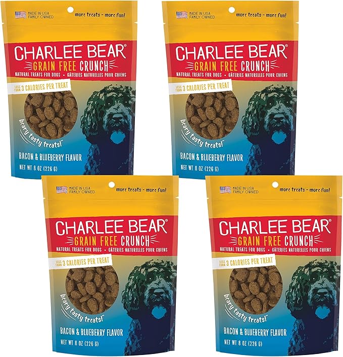 Charlee Bear Dog Treats Small Dogs Training Treats Crunchy Low Cal, Grain Free Canine Snacks, USA, Puppy Training Biscuits, Bacon & Blueberry, 4 Pack, 8oz Ea