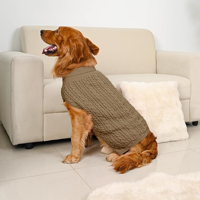 2 Pack Dog Sweaters for Large Dogs Winter Turtleneck Pullover Cable Knit Fleece Stretch Pitbull Labrador Golden Retriever Doberman Bulldog Boy Girl Pet Clothes (XXL, Green & Brown)