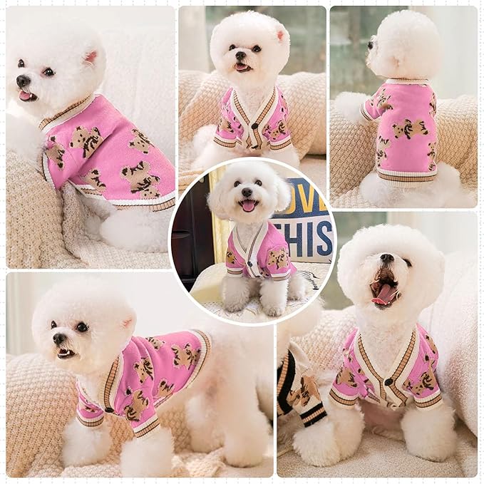 Small Dog Sweaters Cute Bear Dog Cardigans Clothes for Small Medium Dogs Boy Girl Puppy Cat Knitting Cardigan Outfits Dogs Winter Coats Warm Pet Doggy Clothes Soft Knitwear (Pink, X-Small)