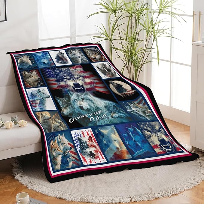 Wolf Throw Blanket American Flag Wolf Stuff Gifts for Kids Girls Boys Adults Women Men Soft Cozy Warm Plush Fluffy Fuzzy Fleece Blanket Decor 60''X80''