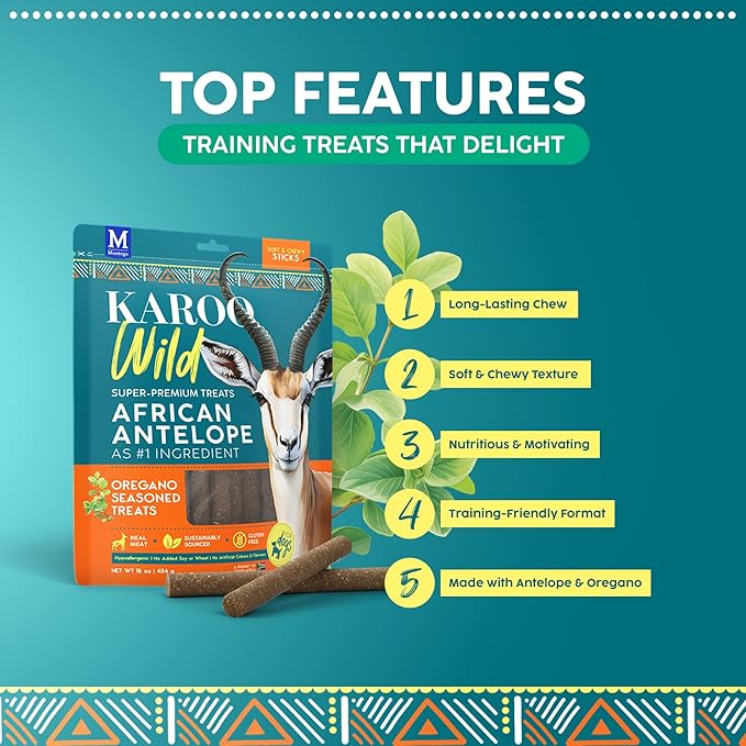 Karoo Wild Sticks Oregano Seasoned Treats for Dogs – 16 oz – Soft & Chewy Protein Sticks Made with African Antelope – Ideal for Training & Rewarding