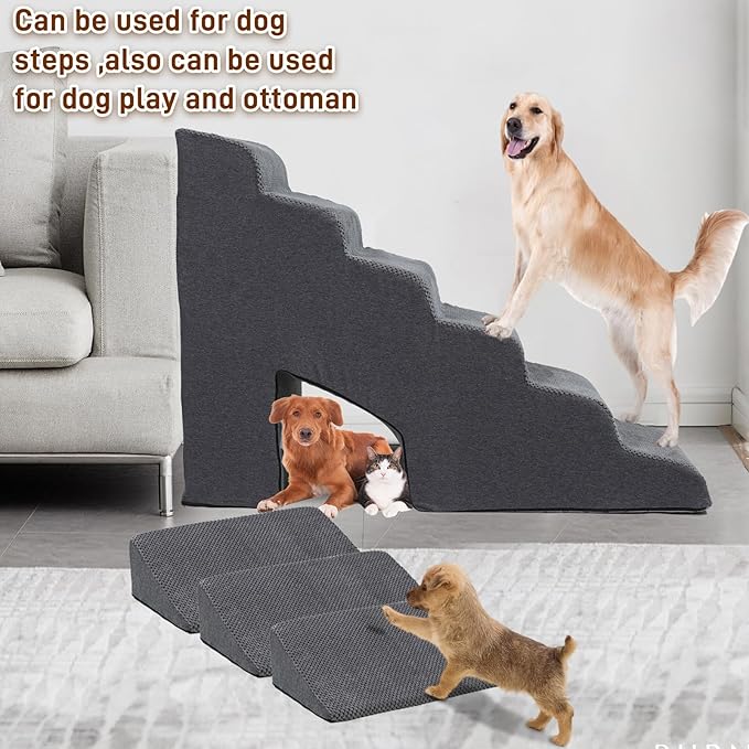 Dog Stairs for High Beds 30-36 inches Tall, 6-Step Dog Steps for Small Dogs Senior Dogs & Cats, 6 Steps Memory Foam Pet Steps with 3 Ramps, Non-Slip Removable Washable Cover, Grey