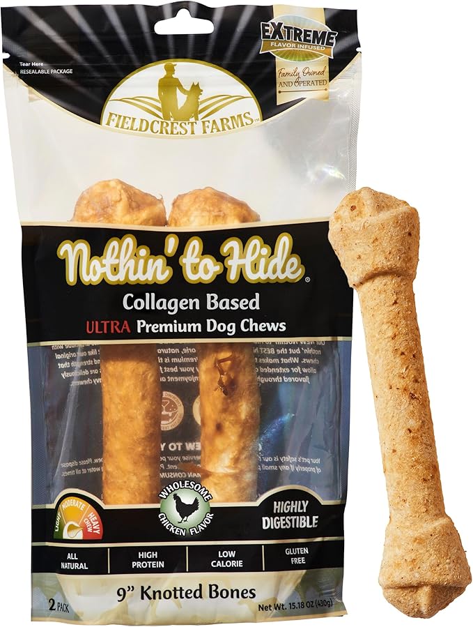 Fieldcrest Farms Nothin’ to Hide Ultra Knotted Bones – Collagen-Based Rawhide Alternative Dog Chews, Chicken Flavor, Highly Digestible for Aggressive Chewers up to 35 lbs, 9-Inch, 2 Pack
