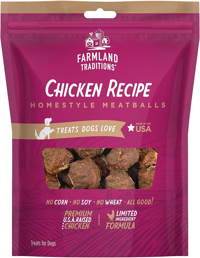 Farmland Traditions Chicken Recipe Homestyle Meatballs, Natural Dog Treats Made in the USA for All Breeds & Sizes, 1-Pound Bag