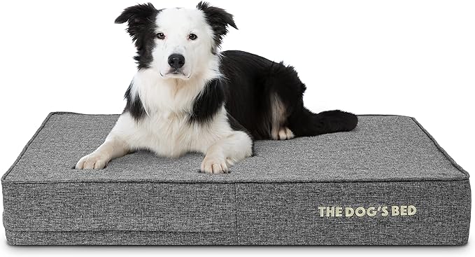 The Dog’s Bed Orthopedic Memory Foam Dog Bed for Large Dogs, Waterproof Washable Cover, Anti-Slip Base, Calming Surface – CertiPUR-Certified Foam, Grey Linen, 6 Inch Thick