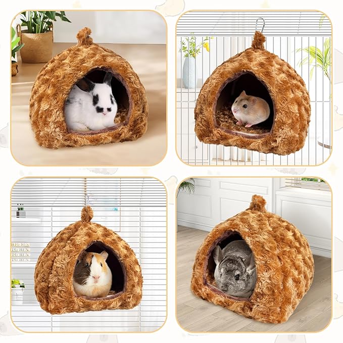 PINVNBY Guinea Pig Hideout Bed Hamster Cave Warm Bunny Bed Dwarf Rabbit House Bed Hedgehog Cage Accessories Winter Sleeping House for Hedgehog Ferret Rat Chinchilla and Other Small Animals（Brown）