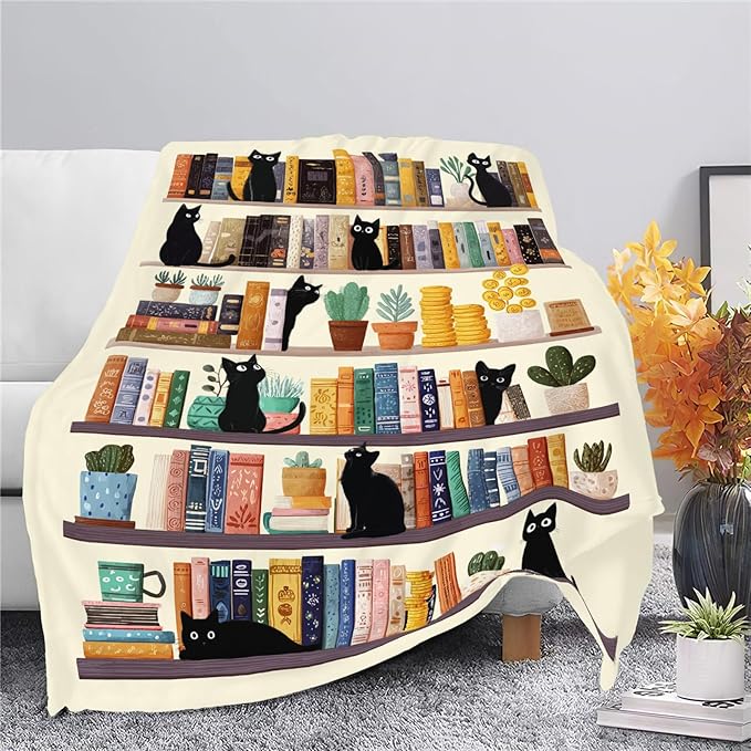 Black Cat Throw Blanket Book Cat Bookshelf Stuff Gifts for Kids Girls Boys Adults Women Men Soft Cozy Warm Plush Fluffy Fuzzy Fleece Blanket Decor 60''X80''