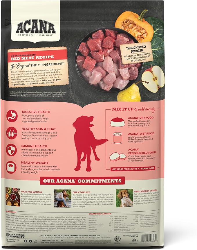 ACANA Grain Free Dry Dog Food Red Meat Recipe 13lb Bag