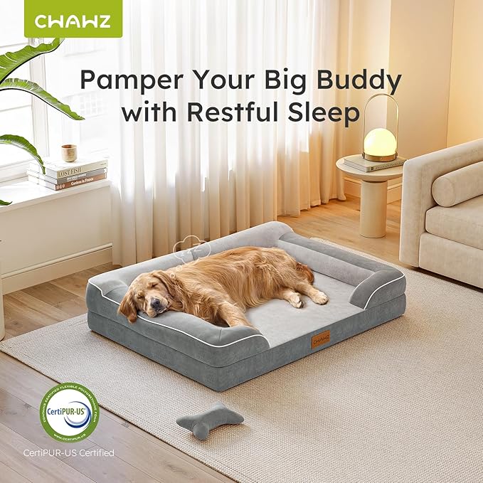 XXL Dog Bed for Extra Large Dogs, Giant Orthopedic Dog Bed with Cooling Gel Memory Foam, Waterproof Pet Bed with Removable Washable Cover, 53" Pet Sofa bed Dutch Velvet with Bone Toy, Light Gray
