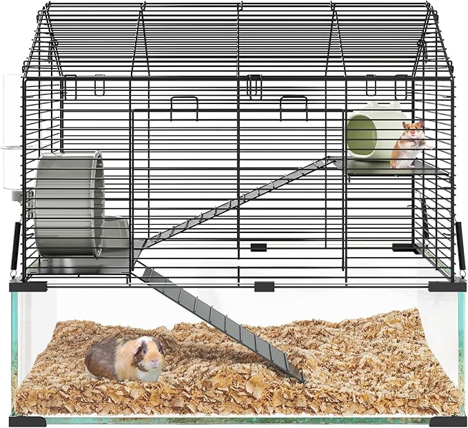 3-Tier Large Hamster Cage, 360° View Metal Guinea Pig Cage with Deep Glass Base, Platforms, Ramps, Running Wheel, Water Bottle, Tool-Free Snap-on Assembly, Rat Cage for Syrian Dwarf Hamster Gerbil
